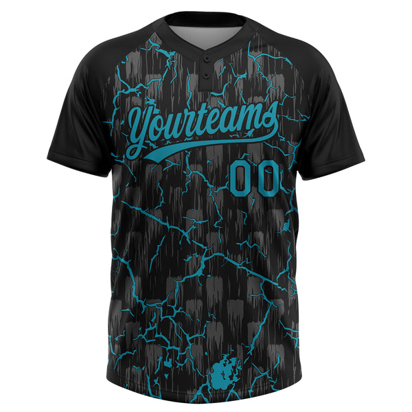 Custom Black Teal-Gray Raglan Sleeves Neon Lightning Crackle Two-Button Unisex Softball Jersey