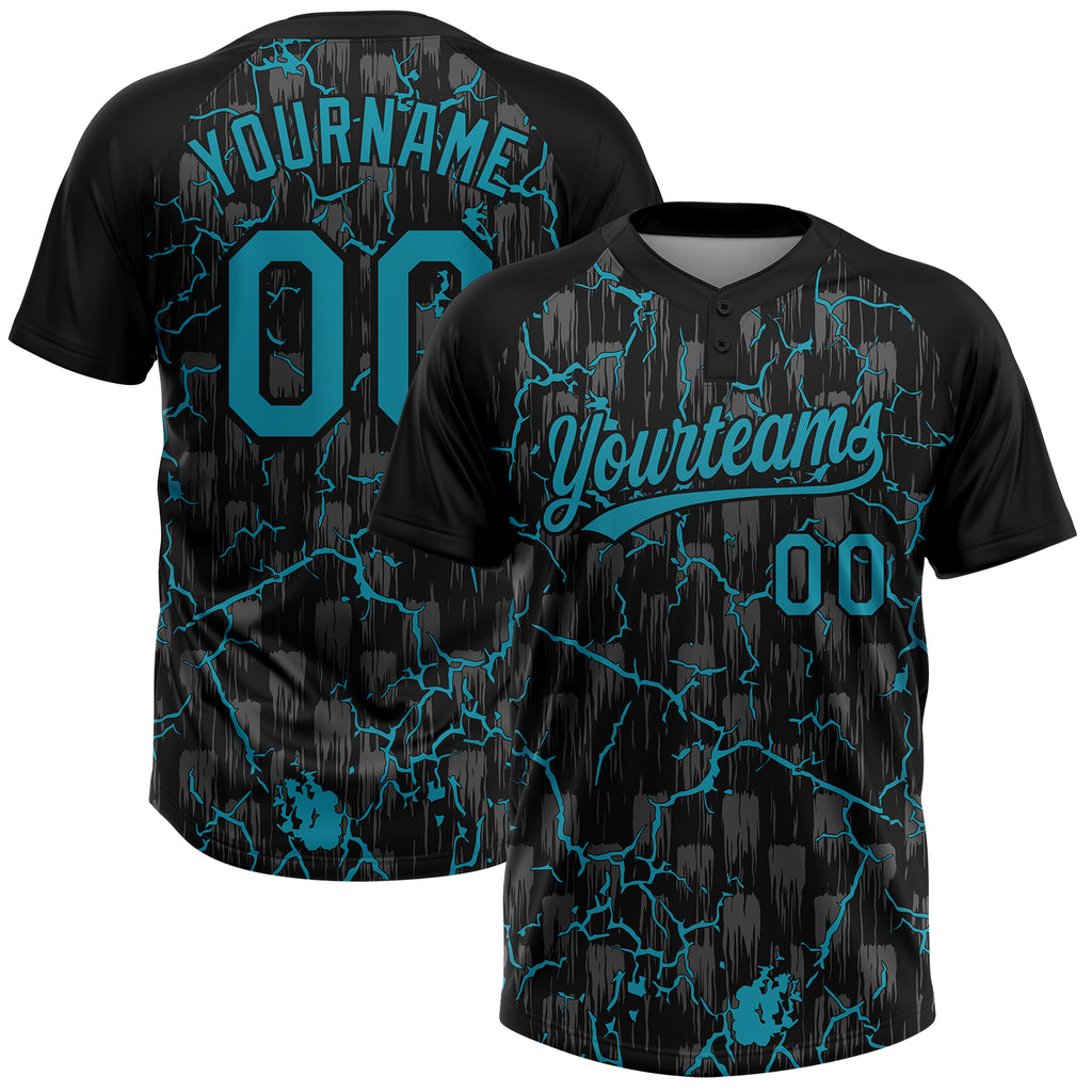Custom Black Teal-Gray Raglan Sleeves Neon Lightning Crackle Two-Button Unisex Softball Jersey