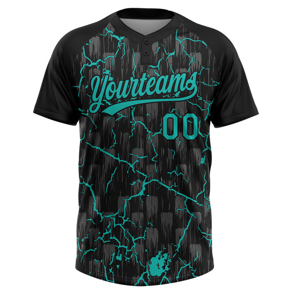 Custom Black Aqua-Gray Raglan Sleeves Neon Lightning Crackle Two-Button Unisex Softball Jersey