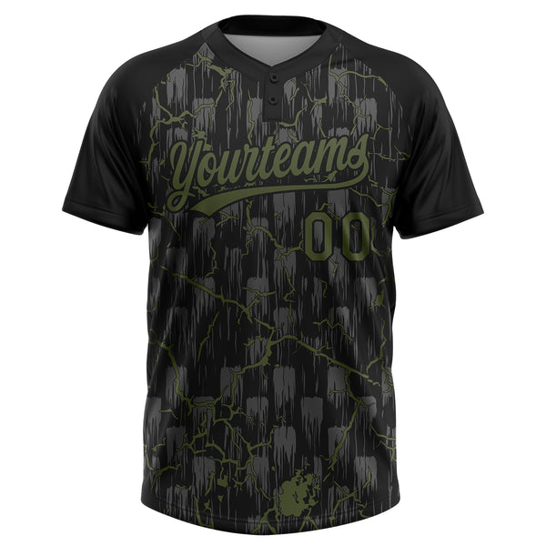 Custom Black Olive-Gray Raglan Sleeves Neon Lightning Crackle Two-Button Unisex Softball Jersey