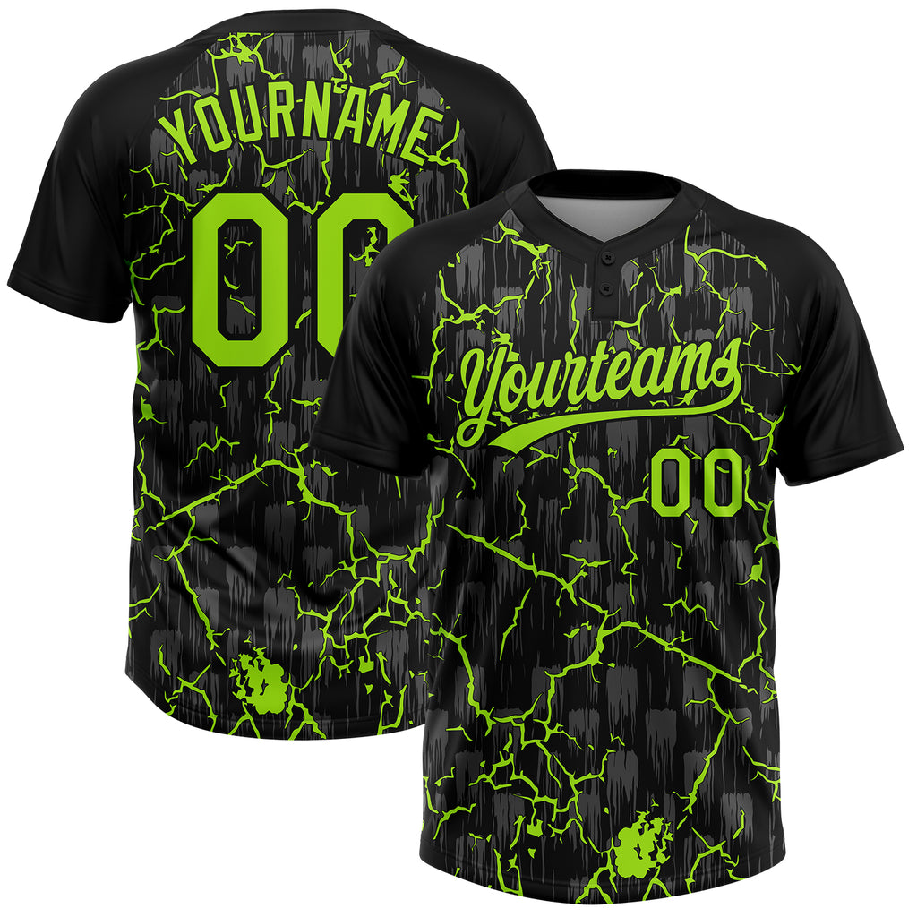Custom Black Neon Green-Gray Raglan Sleeves Neon Lightning Crackle Two-Button Unisex Softball Jersey