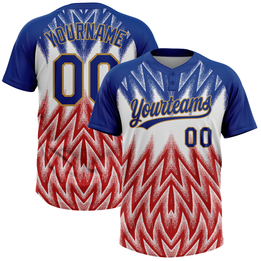 Custom Royal White Red-Old Gold Raglan Sleeves Abstract Geometric Chevron Zigzag Two-Button Unisex Softball Jersey