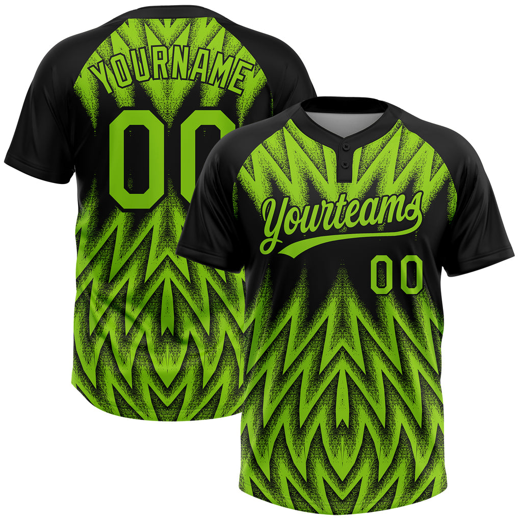 Custom Black-Neon Green Raglan Sleeves Abstract Geometric Chevron Zigzag Two-Button Unisex Softball Jersey