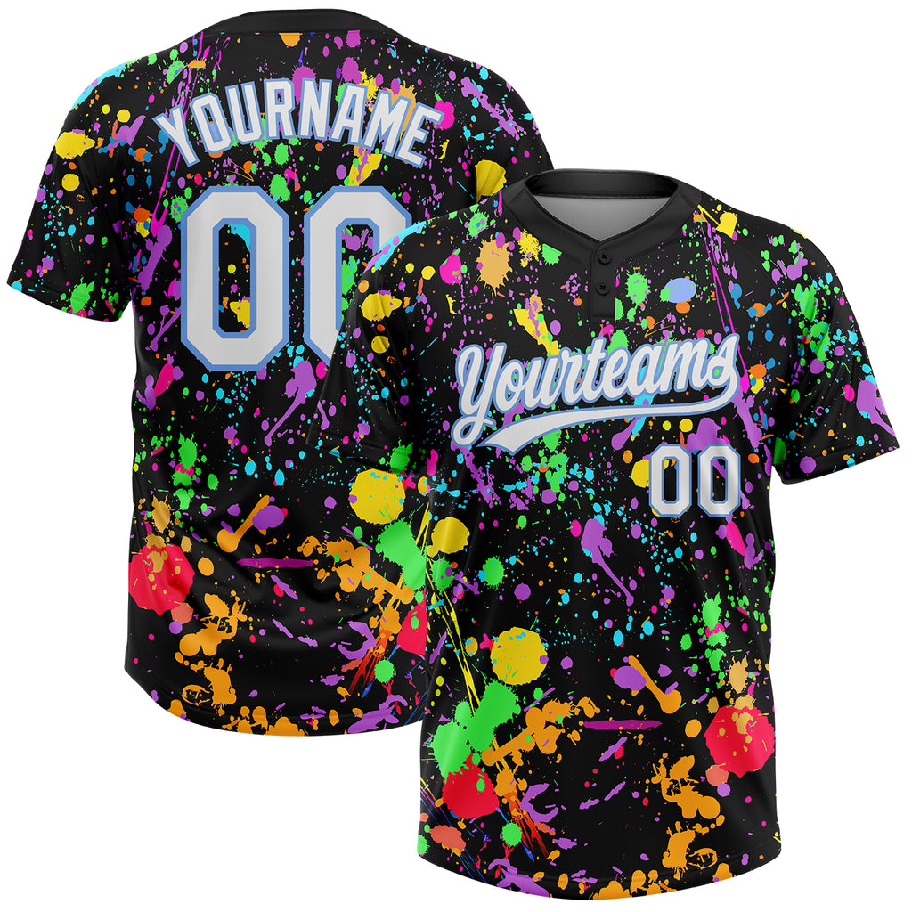 Custom Graffiti Pattern White-Light Blue Multicolor Paint Splatter Two-Button Unisex Softball Jersey