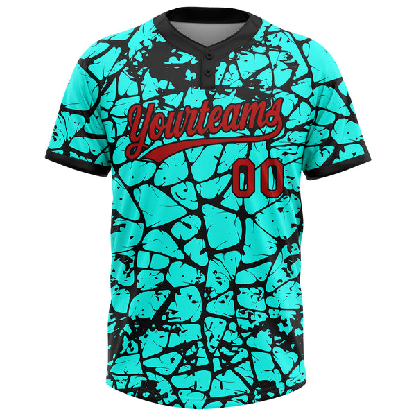 Custom Aqua Red-Black Abstract Network Crackle 3D Pattern Two-Button Unisex Softball Jersey