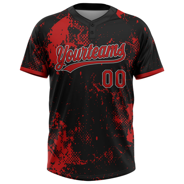 Custom Black Red-White Abstract Splatter 3D Pattern Two-Button Unisex Softball Jersey