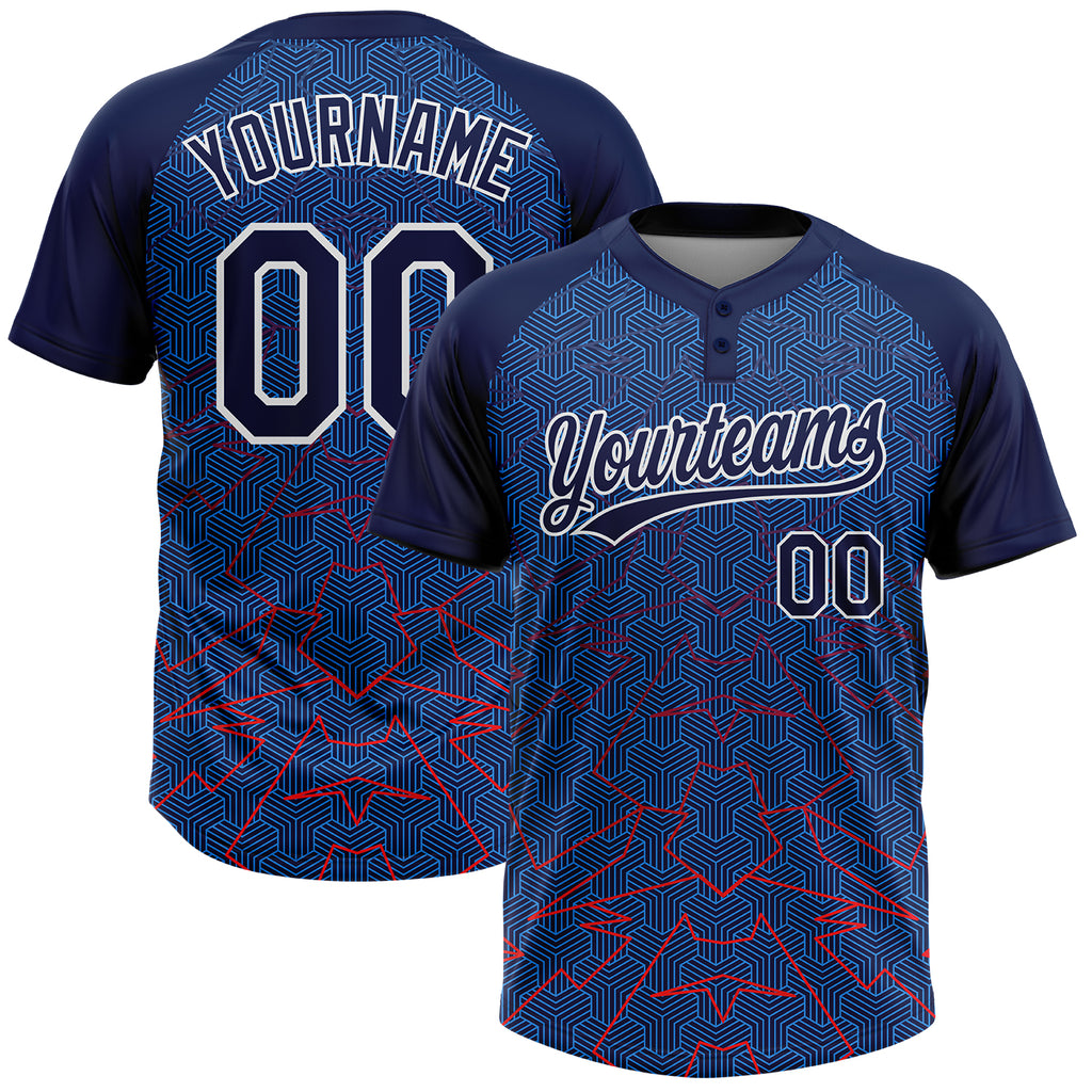 Custom Navy Electric Blue-White Geometric Pixel Grid 3D Pattern Two-Button Unisex Softball Jersey
