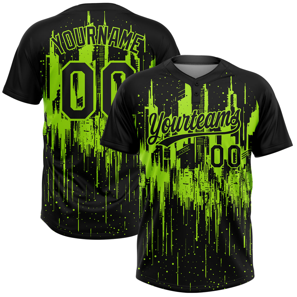 Custom Black-Neon Green Dripping Splatter Paint 3D Pattern Two-Button Unisex Softball Jersey