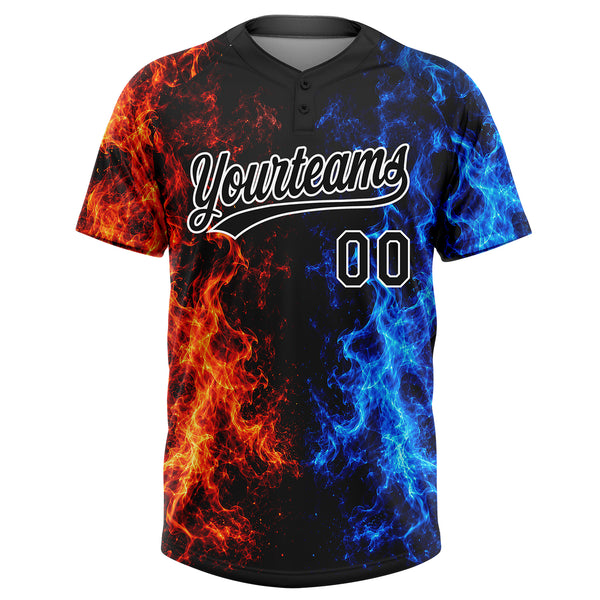 Custom Black Royal Red-White Fire Flame 3D Pattern Two-Button Unisex Softball Jersey