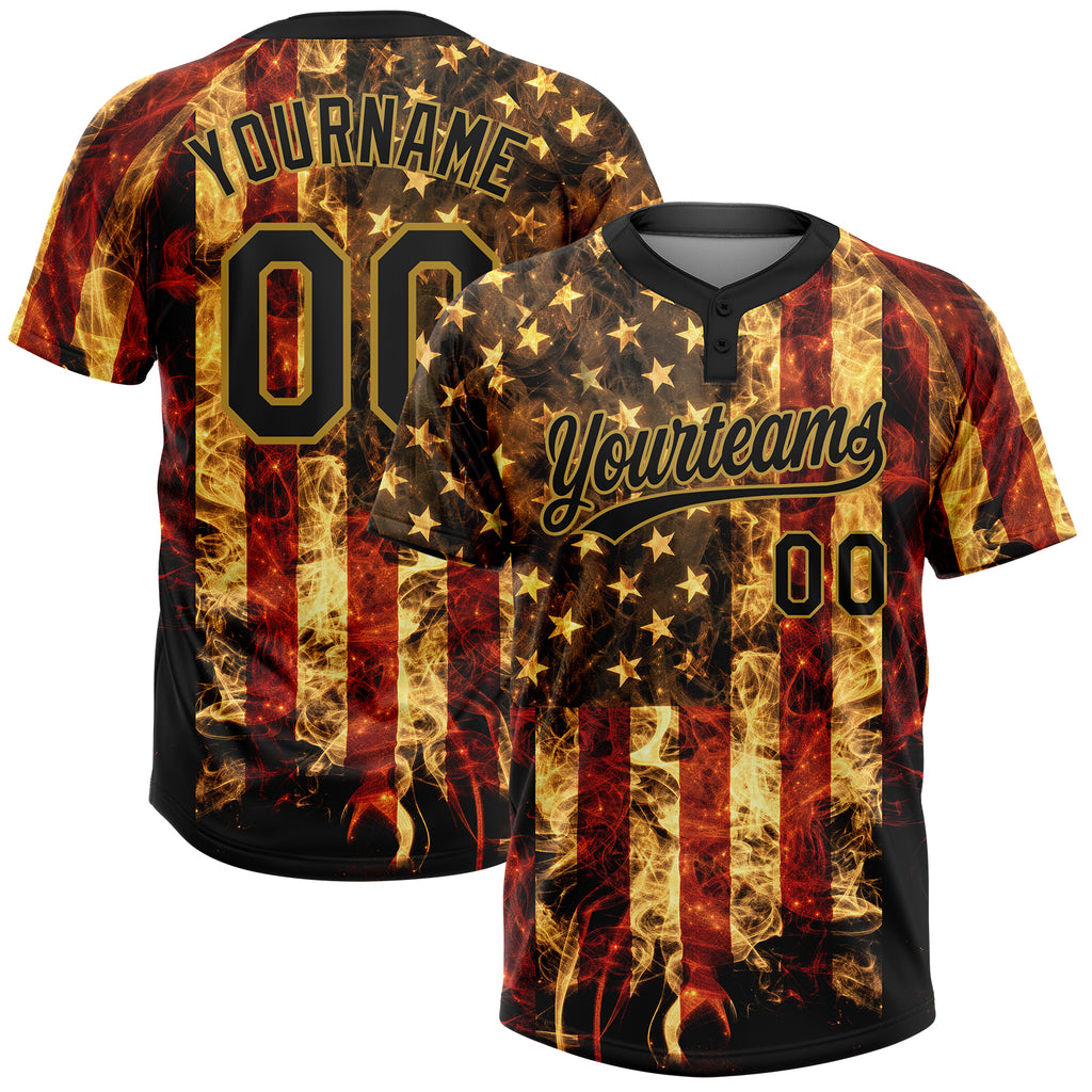 Custom Black-Old Gold American Flag Two-Button Unisex Softball Jersey