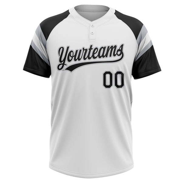 Custom White Black-Gray Raglan Sleeves Stripes Two-Button Unisex Softball Jersey