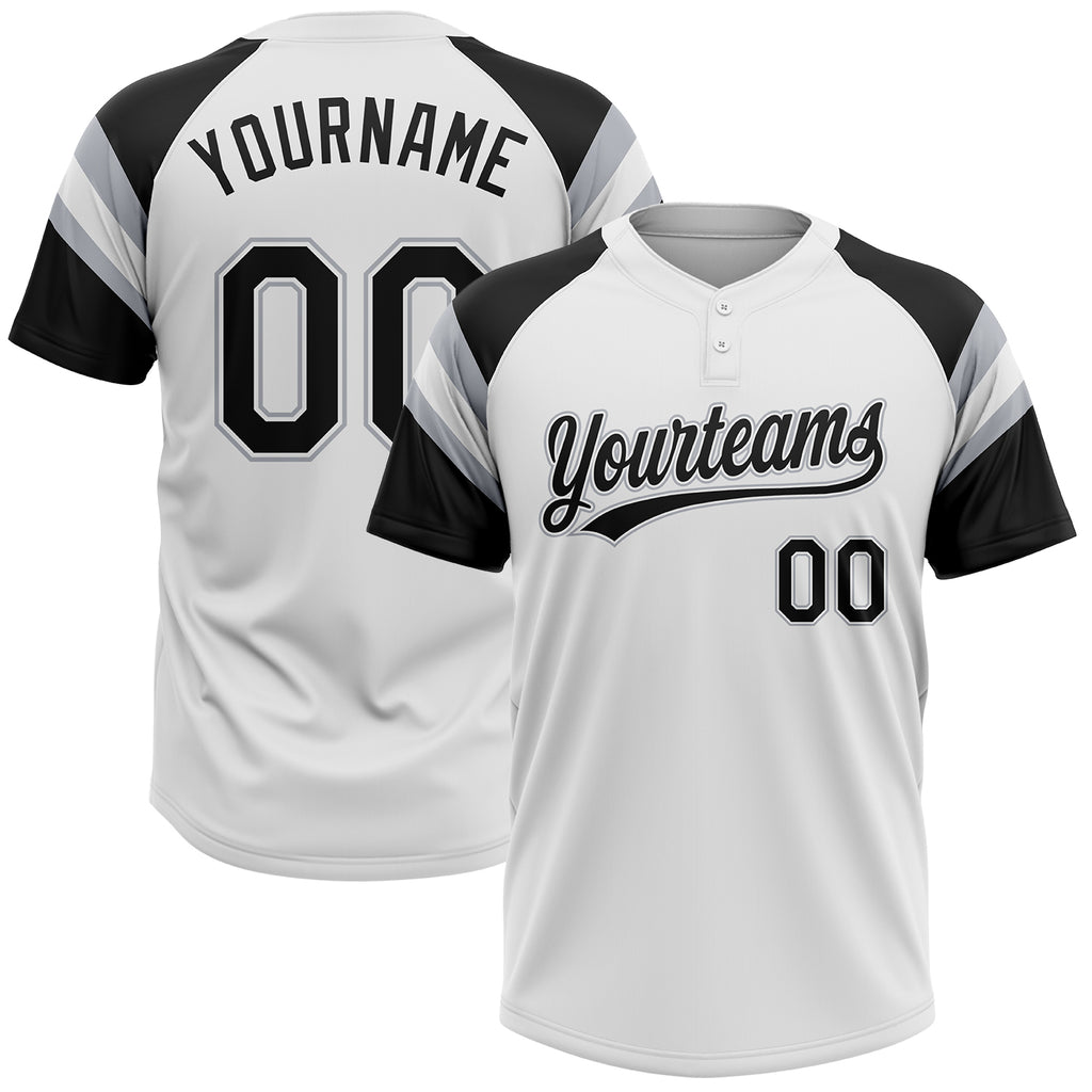 Custom White Black-Gray Raglan Sleeves Stripes Two-Button Unisex Softball Jersey