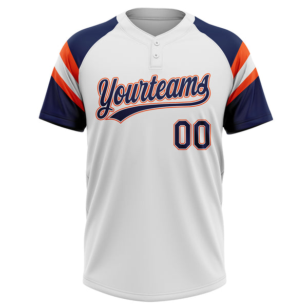 Custom White Navy-Orange Raglan Sleeves Stripes Two-Button Unisex Softball Jersey