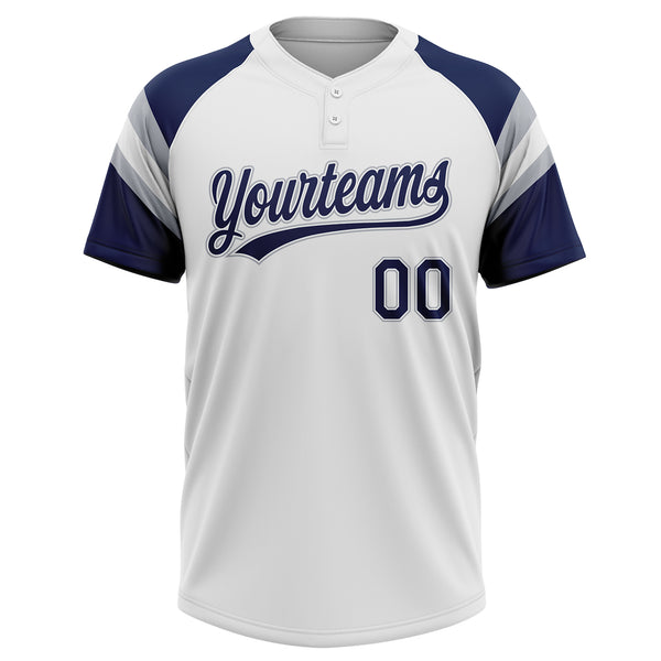 Custom White Navy-Gray Raglan Sleeves Stripes Two-Button Unisex Softball Jersey
