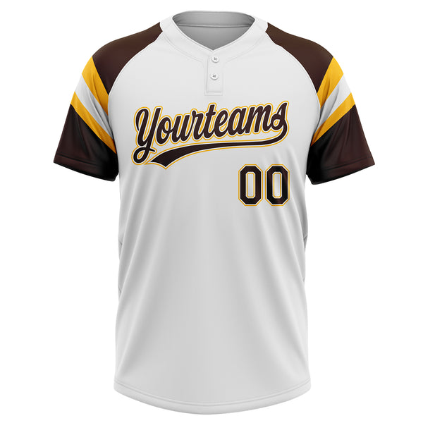 Custom White Brown-Gold Raglan Sleeves Stripes Two-Button Unisex Softball Jersey
