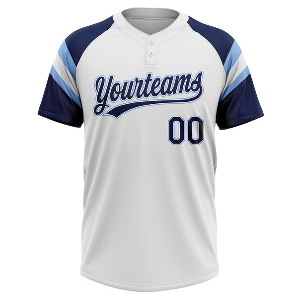 Custom White Navy-Light Blue Raglan Sleeves Stripes Two-Button Unisex Softball Jersey