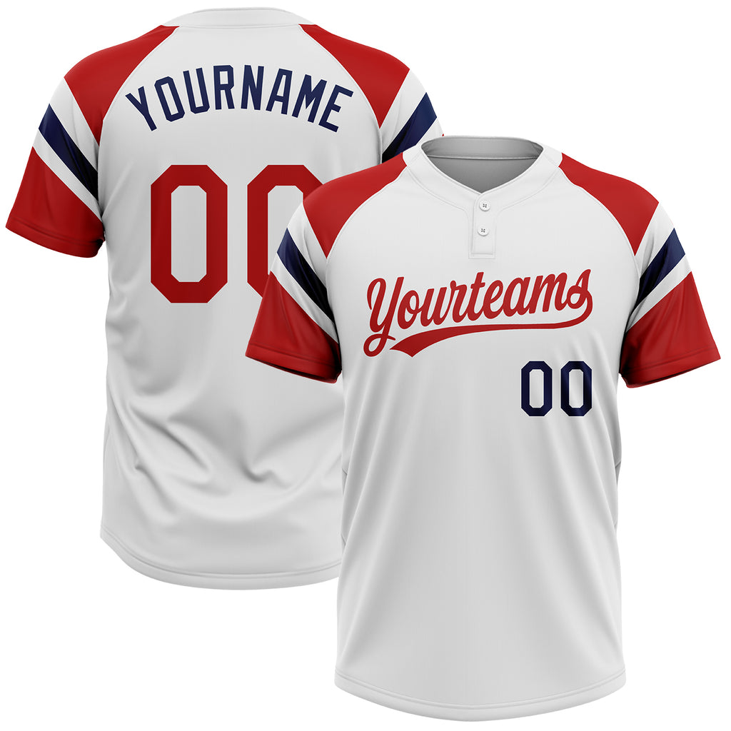 Custom White Red-Navy Raglan Sleeves Stripes Two-Button Unisex Softball Jersey