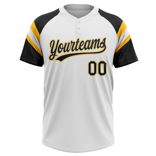 Custom White Black-Gold Raglan Sleeves Stripes Two-Button Unisex Softball Jersey