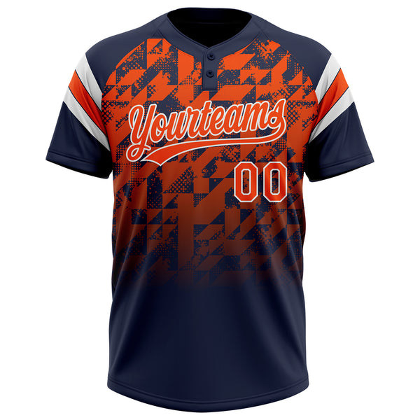 Custom Navy Orange-White Gradient Geometric Grid Sleeve Stripes Two-Button Unisex Softball Jersey