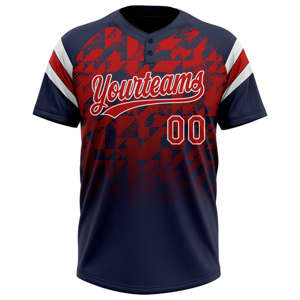 Custom Navy Red-White Gradient Geometric Grid Sleeve Stripes Two-Button Unisex Softball Jersey