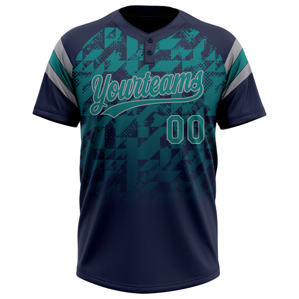 Custom Navy Teal-Gray Gradient Geometric Grid Sleeve Stripes Two-Button Unisex Softball Jersey