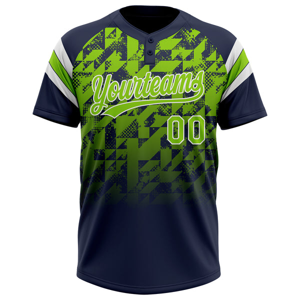 Custom Navy Neon Green-White Gradient Geometric Grid Sleeve Stripes Two-Button Unisex Softball Jersey
