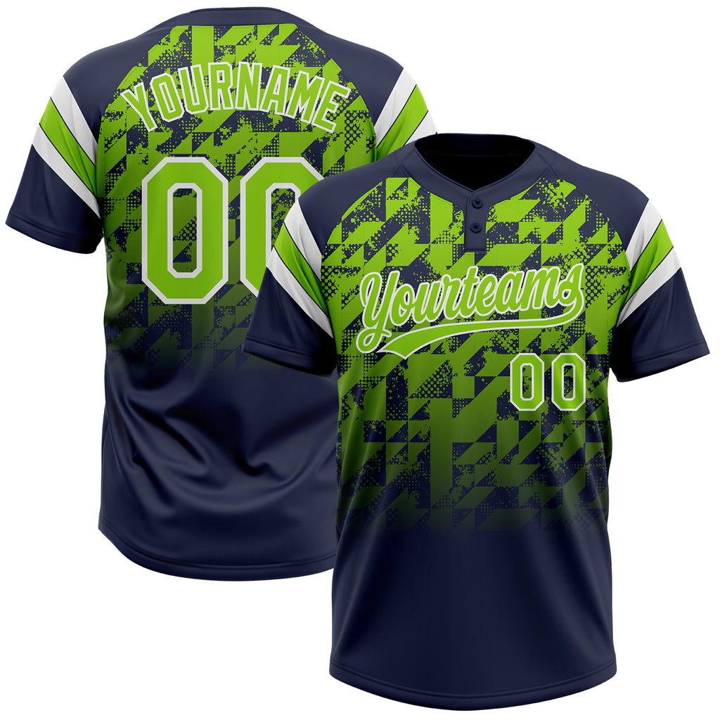 Custom Navy Neon Green-White Gradient Geometric Grid Sleeve Stripes Two-Button Unisex Softball Jersey