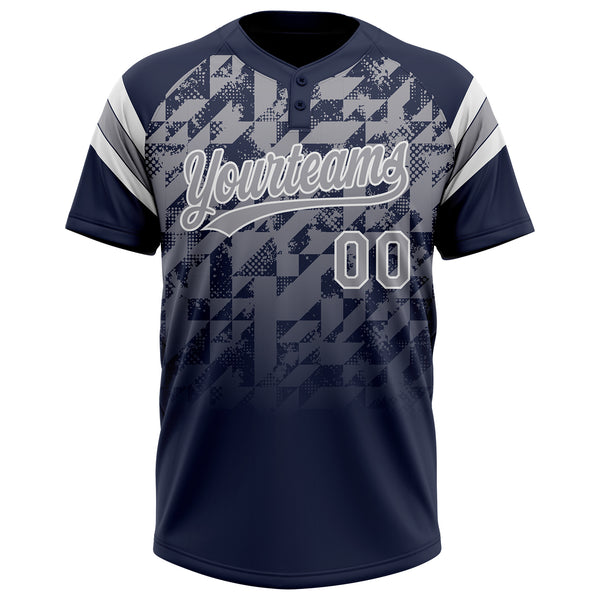 Custom Navy Gray-White Gradient Geometric Grid Sleeve Stripes Two-Button Unisex Softball Jersey