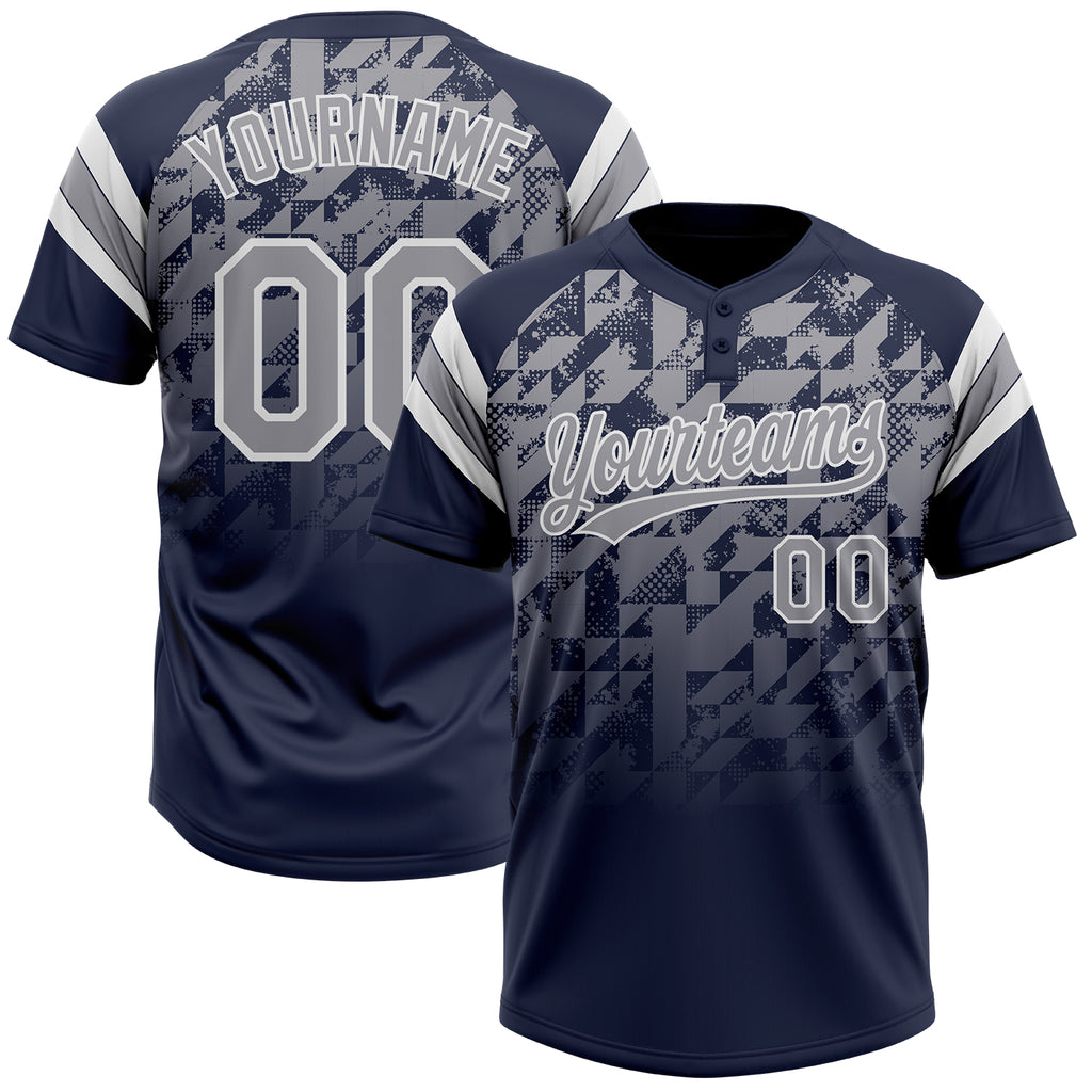 Custom Navy Gray-White Gradient Geometric Grid Sleeve Stripes Two-Button Unisex Softball Jersey