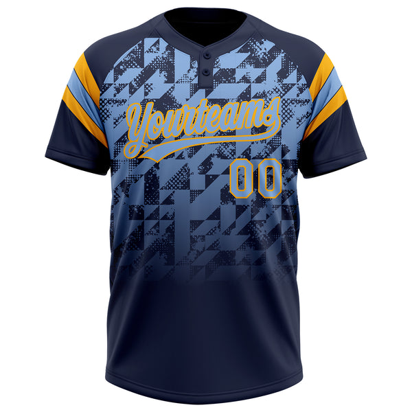 Custom Navy Light Blue-Gold Gradient Geometric Grid Sleeve Stripes Two-Button Unisex Softball Jersey