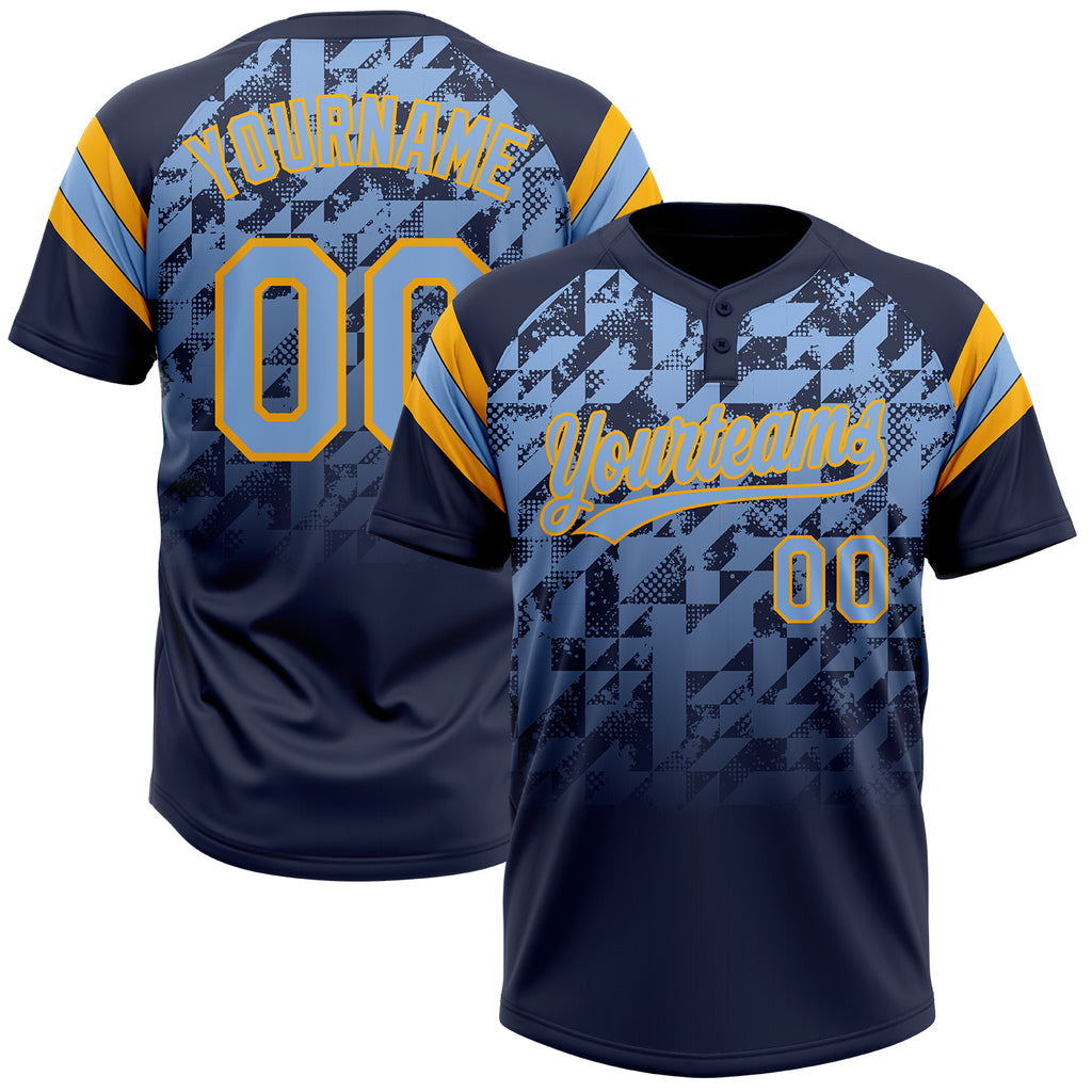 Custom Navy Light Blue-Gold Gradient Geometric Grid Sleeve Stripes Two-Button Unisex Softball Jersey