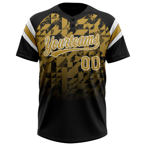 Custom Black Old Gold-White Gradient Geometric Grid Sleeve Stripes Two-Button Unisex Softball Jersey