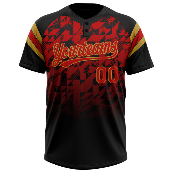 Custom Black Red-Old Gold Gradient Geometric Grid Sleeve Stripes Two-Button Unisex Softball Jersey