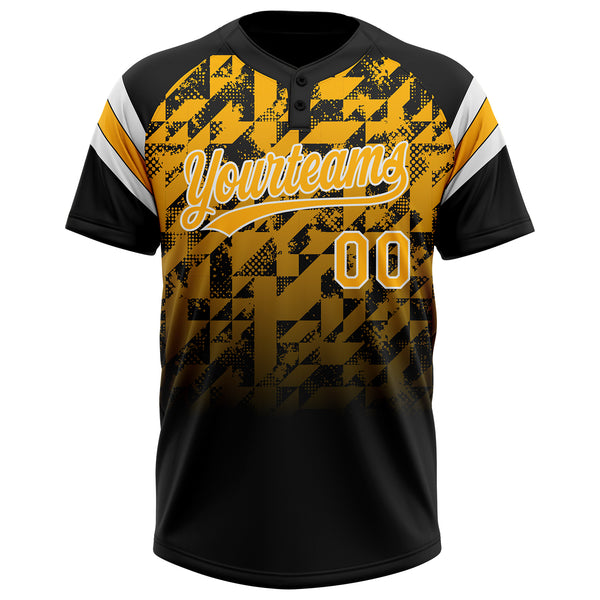 Custom Black Gold-White Gradient Geometric Grid Sleeve Stripes Two-Button Unisex Softball Jersey