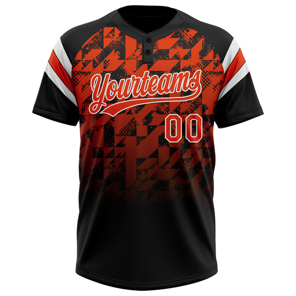 Custom Black Orange-White Gradient Geometric Grid Sleeve Stripes Two-Button Unisex Softball Jersey