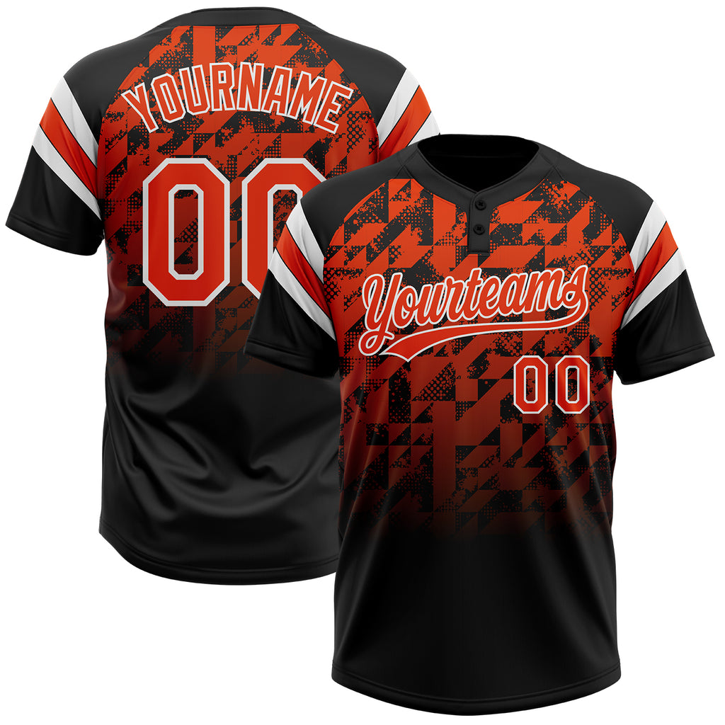 Custom Black Orange-White Gradient Geometric Grid Sleeve Stripes Two-Button Unisex Softball Jersey
