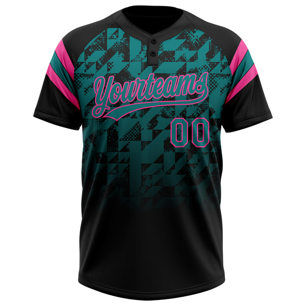 Custom Black Teal-Pink Gradient Geometric Grid Sleeve Stripes Two-Button Unisex Softball Jersey