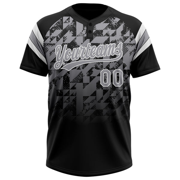 Custom Black Gray-White Gradient Geometric Grid Sleeve Stripes Two-Button Unisex Softball Jersey