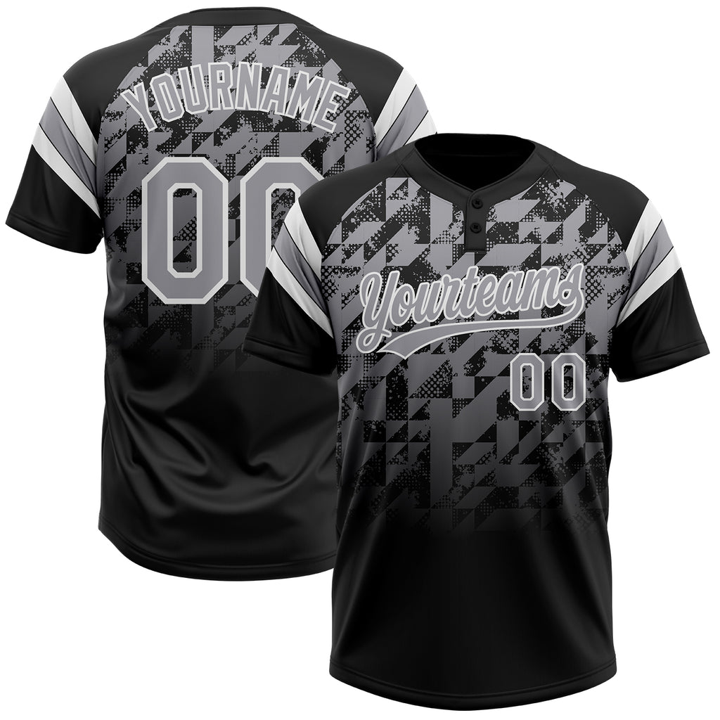Custom Black Gray-White Gradient Geometric Grid Sleeve Stripes Two-Button Unisex Softball Jersey