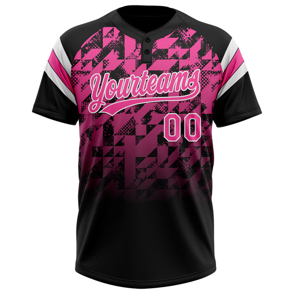 Custom Black Pink-White Gradient Geometric Grid Sleeve Stripes Two-Button Unisex Softball Jersey