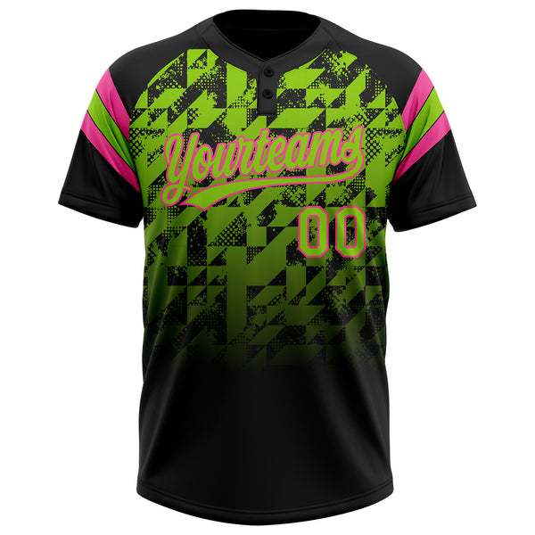 Custom Black Neon Green-Pink Gradient Geometric Grid Sleeve Stripes Two-Button Unisex Softball Jersey