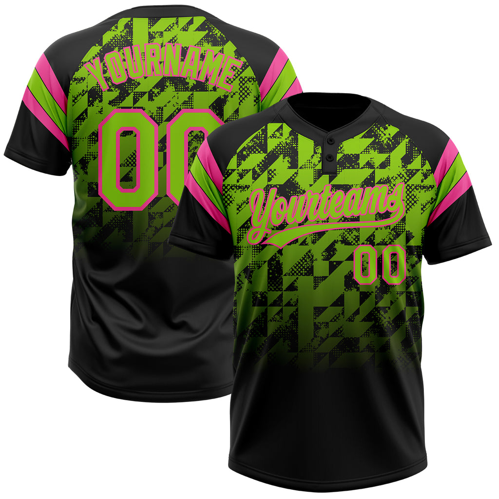 Custom Black Neon Green-Pink Gradient Geometric Grid Sleeve Stripes Two-Button Unisex Softball Jersey