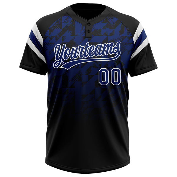 Custom Black Royal-White Gradient Geometric Grid Sleeve Stripes Two-Button Unisex Softball Jersey