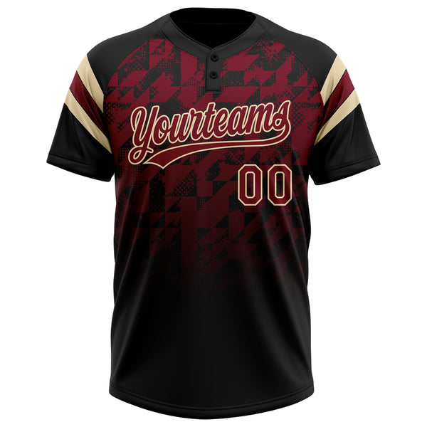 Custom Black Crimson-Cream Gradient Geometric Grid Sleeve Stripes Two-Button Unisex Softball Jersey