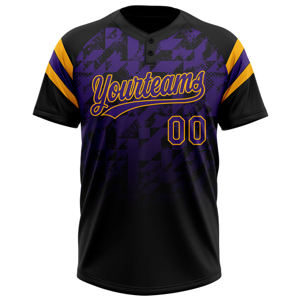 Custom Black Purple-Gold Gradient Geometric Grid Sleeve Stripes Two-Button Unisex Softball Jersey