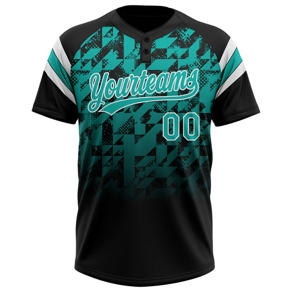 Custom Black Aqua-White Gradient Geometric Grid Sleeve Stripes Two-Button Unisex Softball Jersey