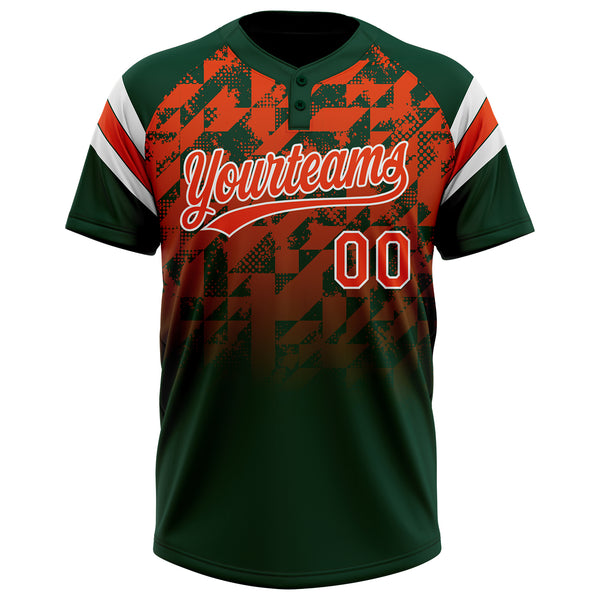 Custom Green Orange-White Gradient Geometric Grid Sleeve Stripes Two-Button Unisex Softball Jersey