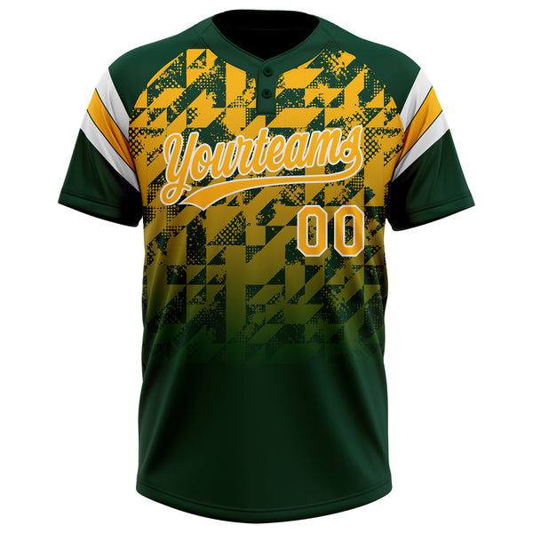 Custom Green Gold-White Gradient Geometric Grid Sleeve Stripes Two-Button Unisex Softball Jersey
