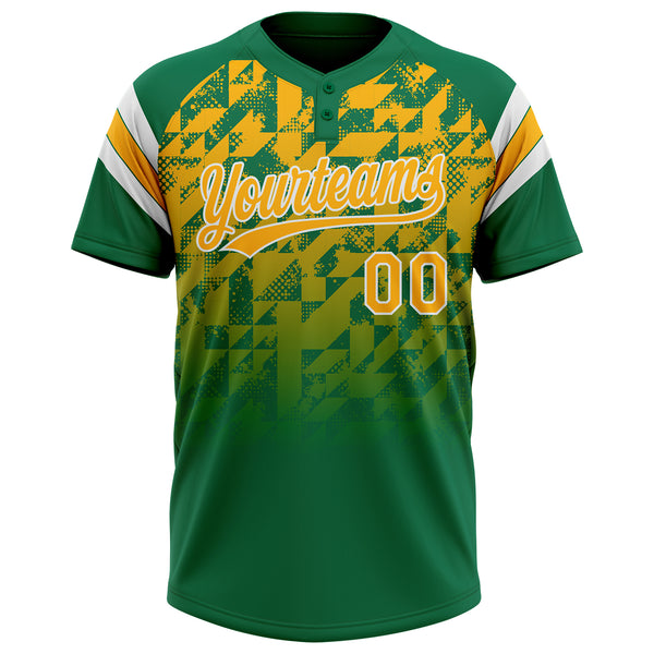 Custom Kelly Green Gold-White Gradient Geometric Grid Sleeve Stripes Two-Button Unisex Softball Jersey