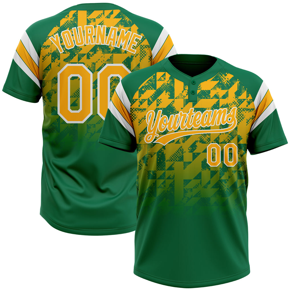Custom Kelly Green Gold-White Gradient Geometric Grid Sleeve Stripes Two-Button Unisex Softball Jersey